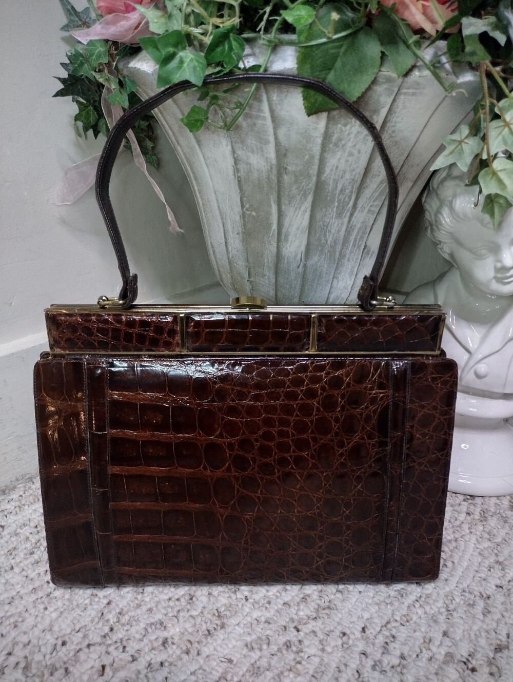 Vintage Classic Croc-Embossed Brown Leather Top-Handle Bag